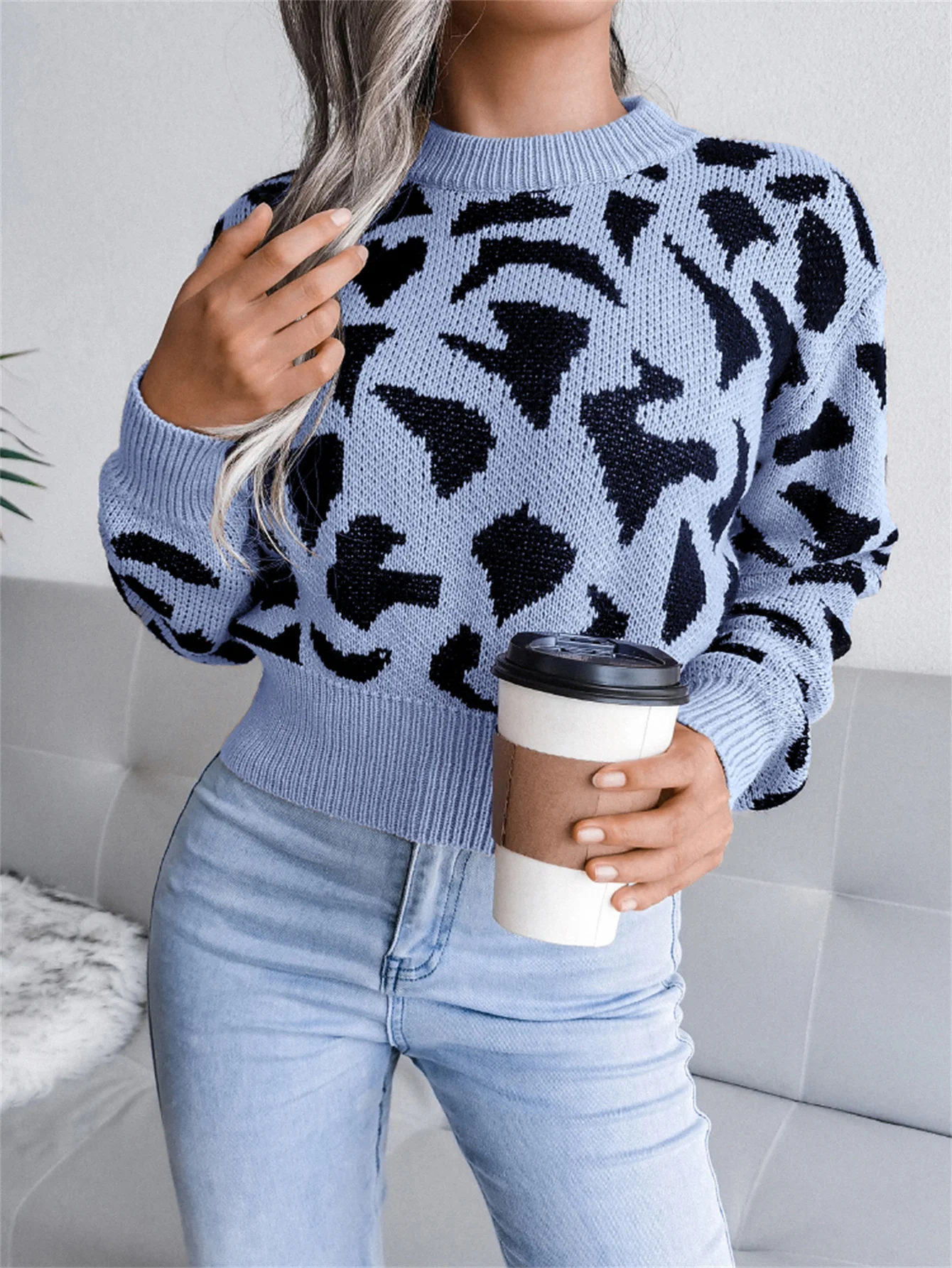 Autumn Winter Round Neck Fashion Leopard Pattern Waist Collection Short Knitted Pullover For Women Sweater Long Sleeve Top Autumn Winter Round Neck Fashion Leopard Pattern Waist Collection Short Knitted Pullover For Women Sweater Long Sleeve Top