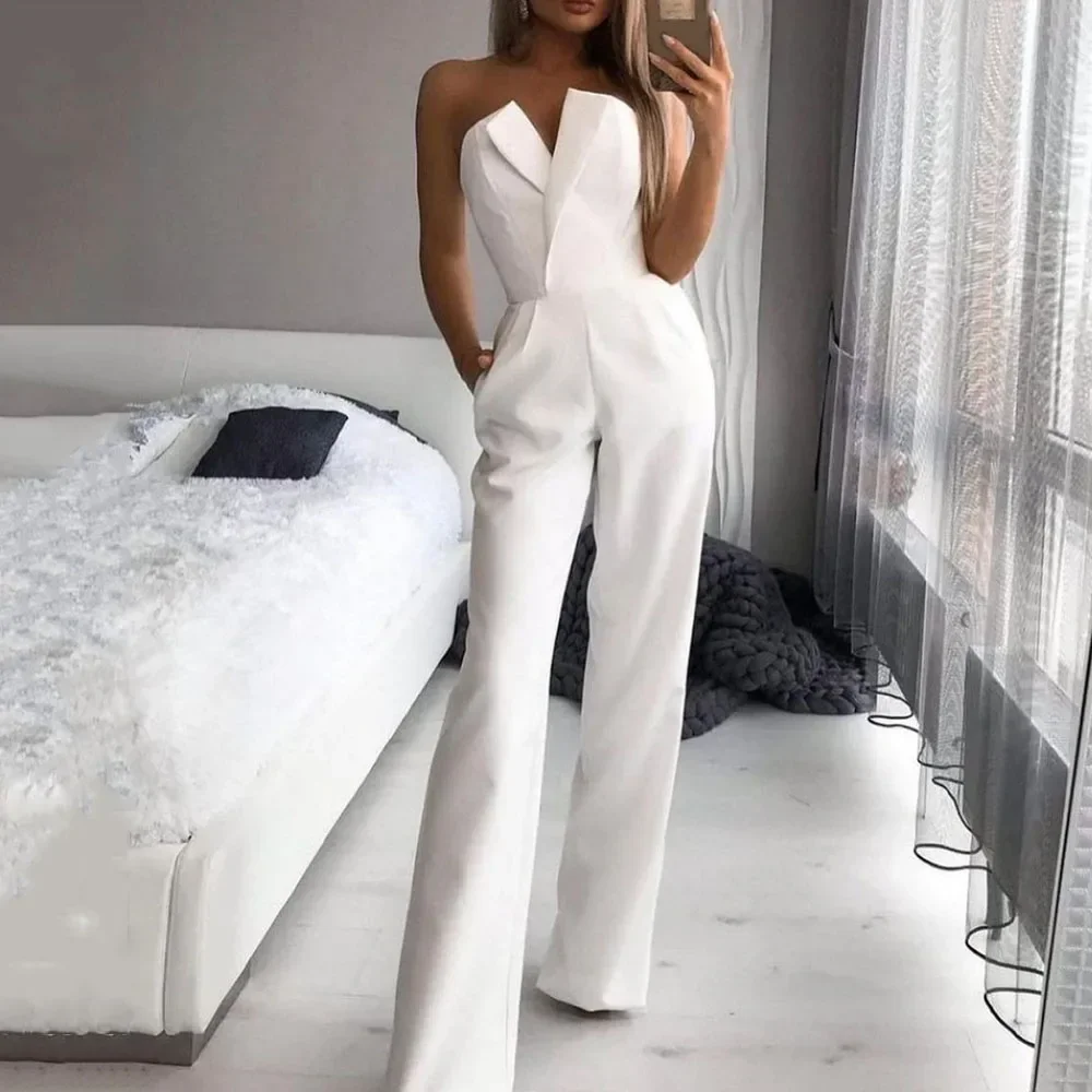 

Summer Long Rompers Women Jumpsuit Elegant Strapless Summer Sleeveless Wide Leg Club Party Outfits Work 2024 White Overalls