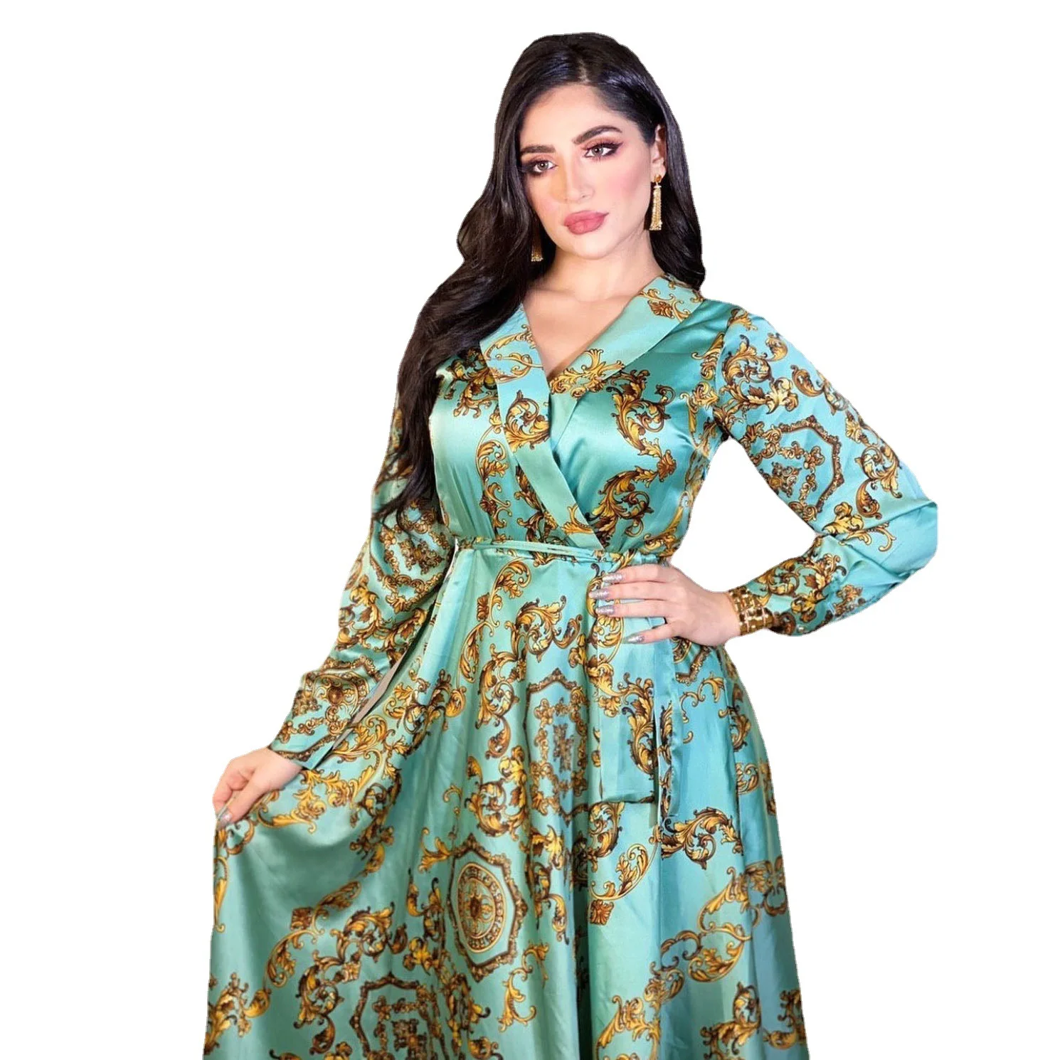 

Autumn Modest Muslim Dress Elegant Evening Party Gowns Dubai Middle East Long Sleeves Vintage Printing Maxi Dresses Abaya Robe