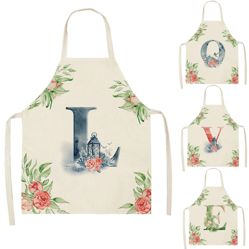 

1Pcs Flower Letter Flower Kitchen Aprons for Women Cotton Linen Bibs Household Cleaning Pinafore Home Cooking Apron