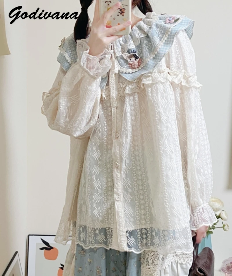 Japanese Style Sweet Girl Cute Blue Plaid Stitching Double Layer Flounce Large Lapel Lace Shirt Top Spring Women Blouses
Japanese Style Sweet Girl Cute Blue Plaid Stitching Double Layer Flounce Large Lapel Lace Shirt Top Spring Women Blouses