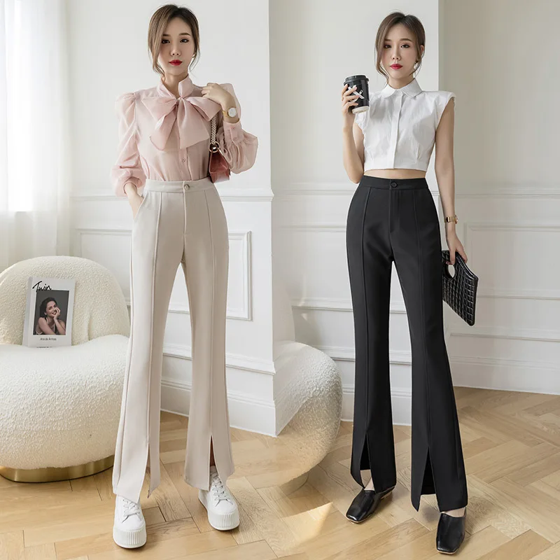 

Женские брюки-клеш с высокой талией, повседневные брюки с широкими штанинами и разрезом в Корейском стиле, Y2k, весна 2024
