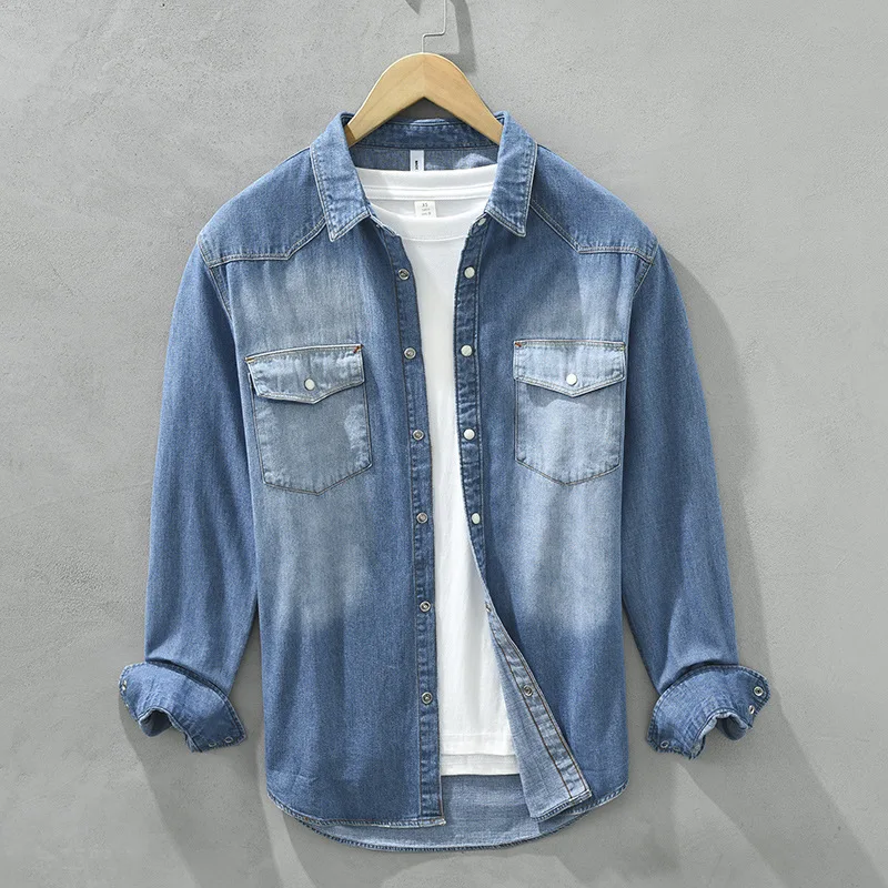 

Винтажная Потертая джинсовая рубашка в японском стиле для мужчин, весна-осень, повседневная рабочая одежда с длинным рукавом, 100% хлопок, городские топы, пальто