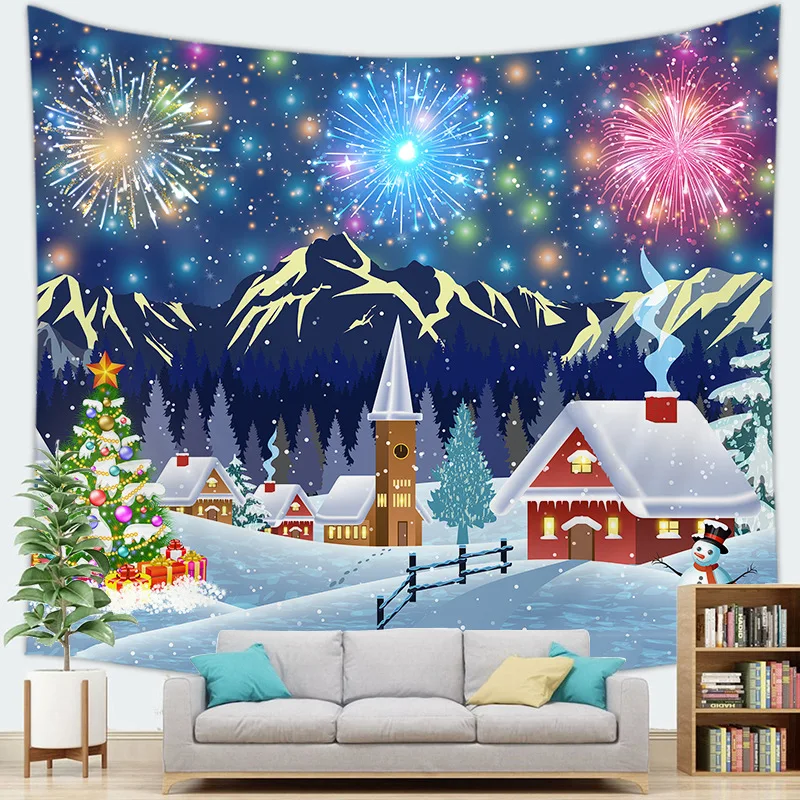 

Christmas Snow Scene Tapestry Winter Party Boho Room Decor Wall Hanging Santa Claus Snowman Background Cloth New Year Tapestries