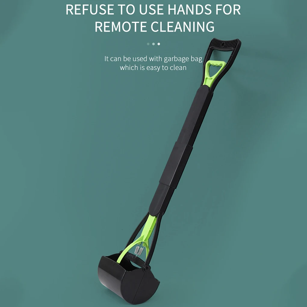Dog Poop Scooper | Jaw Clamp Heavy Duty Poop Scooper A lime green and black pooper scooper leaning against a teal wall. The long handle is fully extended, showing the contrast between the black shaft and the bright green inner trigger and scoop connectors.