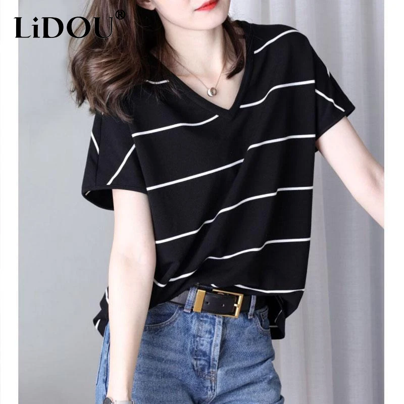 2023 Summer New Oversize Female Clothing V-neck Black White Striped Short Sleeve Tops Women Loose Casual Pullovers T-shirt
2023 Summer New Oversize Female Clothing V-neck Black White Striped Short Sleeve Tops Women Loose Casual Pullovers T-shirt
