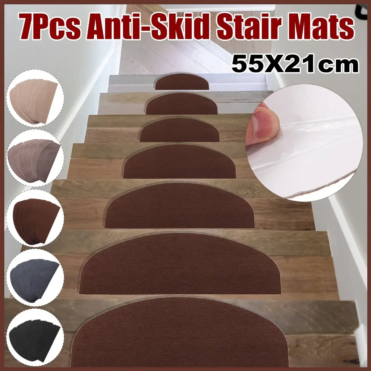 

7Pcs Set PVC Self-adhesive Stair Treads 55x21cm Freely-Cut Non-slip Rugs Stair Mats Pads Carpet 5 Colors Home Safety Pads Mat