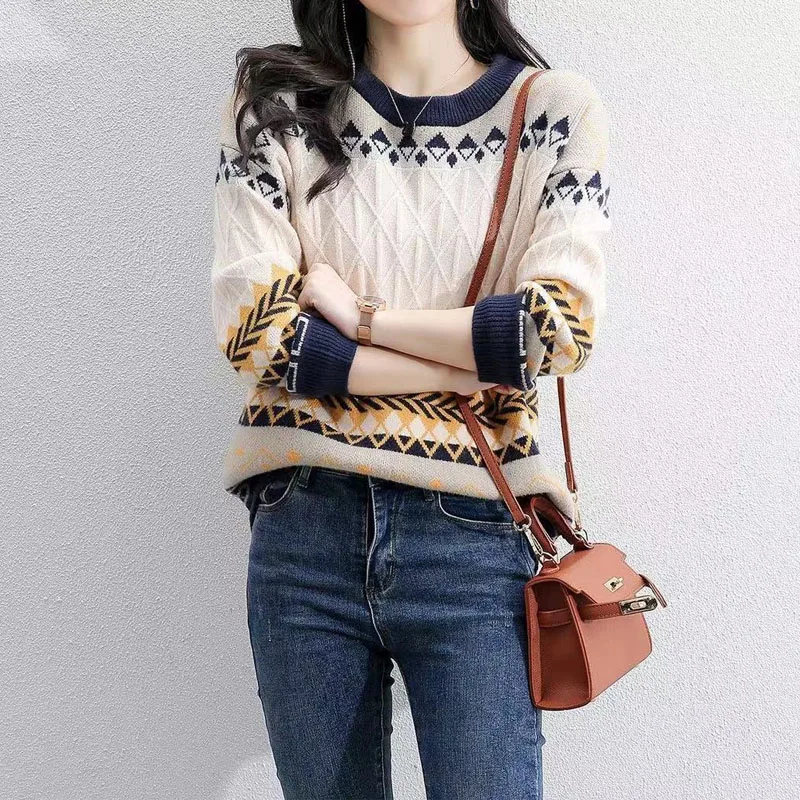 

Осень-Зима корейские модные свитера с длинным рукавом 2023 модные Универсальные жаккардовые вязаные пуловеры с круглым вырезом Женская одежда
