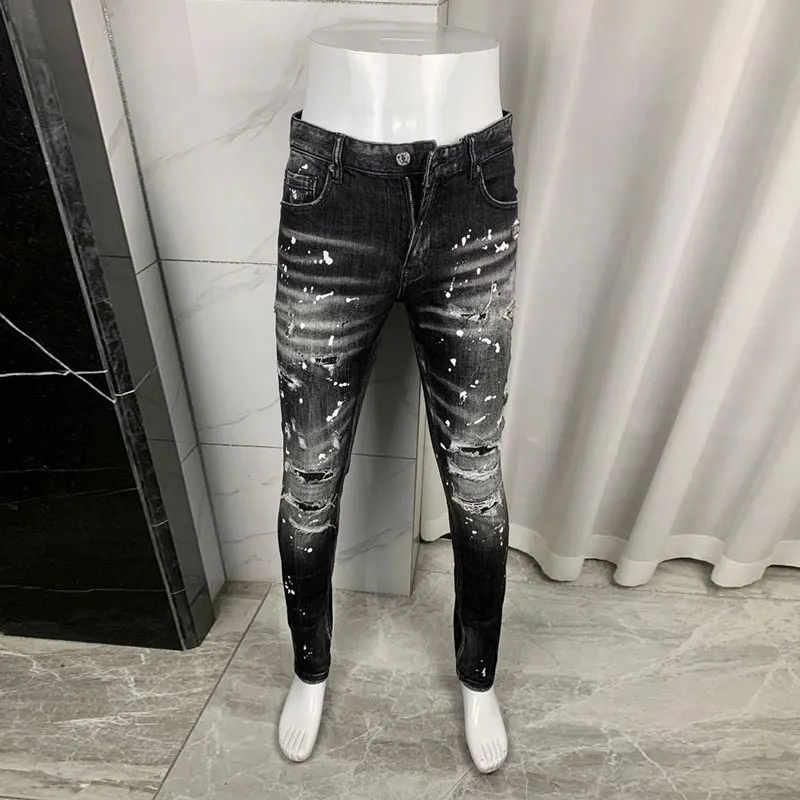 

Street Fashion Men Jeans High Quality Retro Gray Stretch Skinny Fit Ripped Jeans Men Painted Designer Hip Hop Brand Pants Hombre