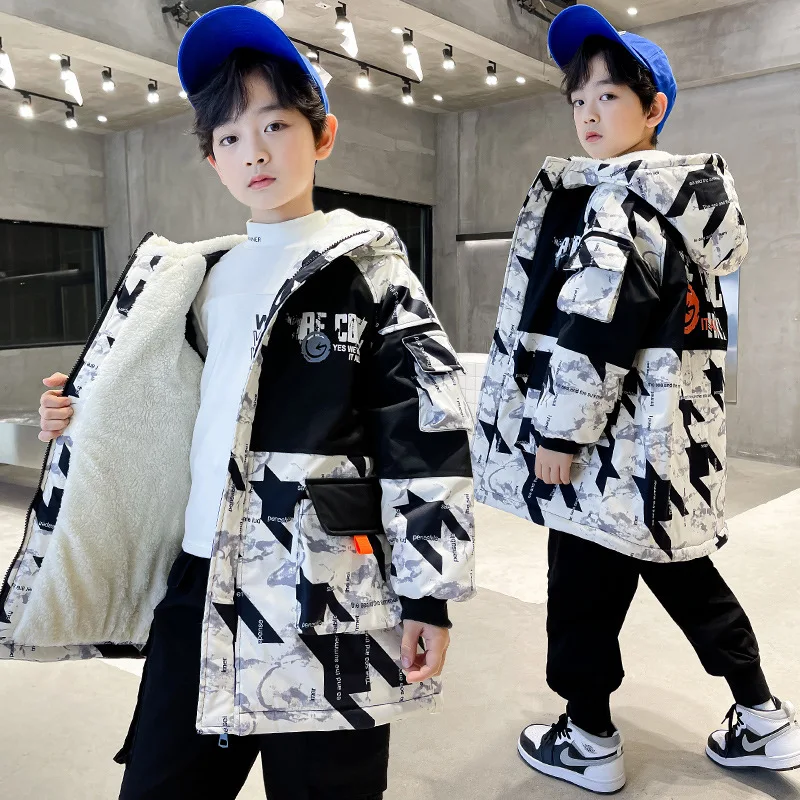 

Boys Coat Jacket Outerwear Cotton 2023 Printed Warm Plus Thicken Velvet Winter Breathable Children's Clothing