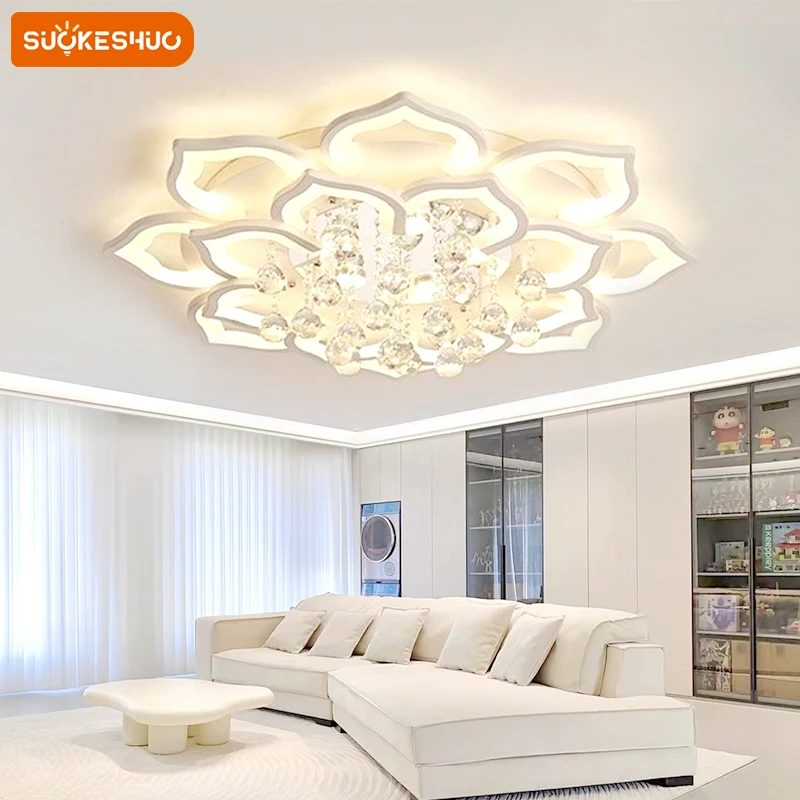 

SUOKESHUC Современная осветительная лампа в виде светильника с кристаллами лотоса, потолочная лампа с дистанционным управлением и регулируемой яркостью 85-265 в, белая акриловая осветительная лампа для украшения дома