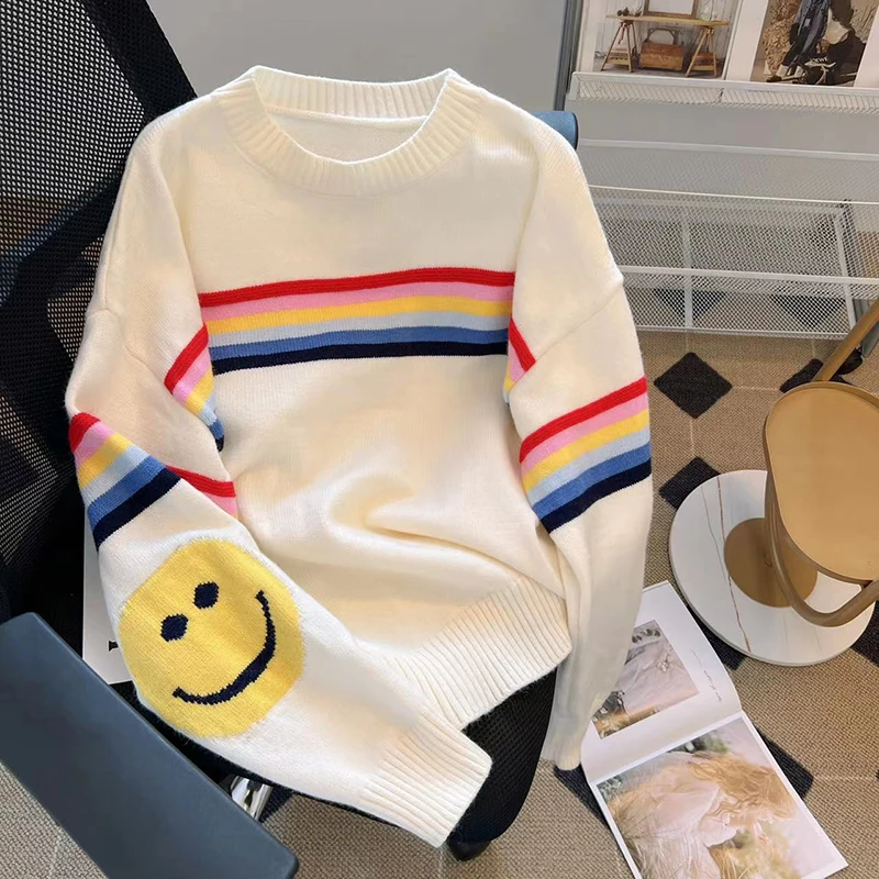 Smiling Face Rainbow Striped Knitted Sweater Pullover Women 2022 Autumn Winter Oversized Fashion Loose Long Sleeve O-neck Jacket
Smiling Face Rainbow Striped Knitted Sweater Pullover Women 2022 Autumn Winter Oversized Fashion Loose Long Sleeve O-neck Jacket