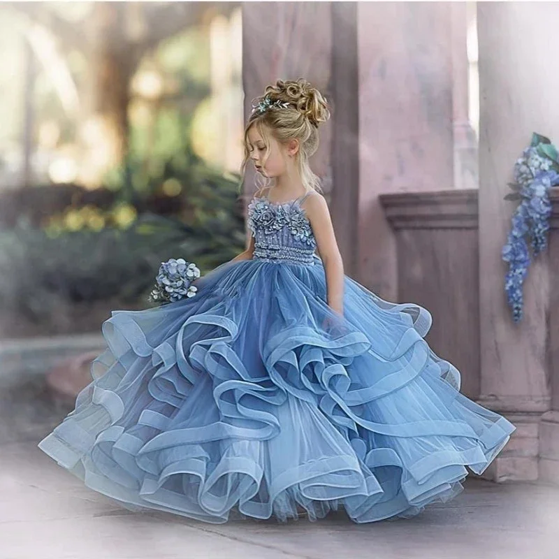 

Dusty Blue Flower Girl Dresses For Wedding Robe De Mariage Kids Pageant Gowns Tulle Ruffled First Communion Dress