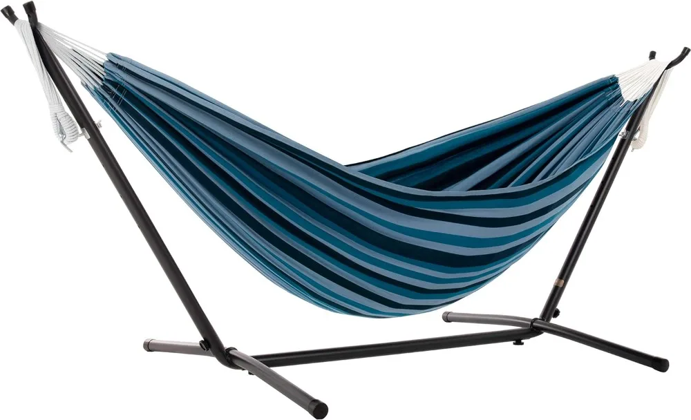 Vivere Double Cotton Hammock with Space Saving Steel Stand, Blue Lagoon (450 lb Capacity - Premium Carry Bag Included)
Vivere Double Cotton Hammock with Space Saving Steel Stand, Blue Lagoon (450 lb Capacity - Premium Carry Bag Included)