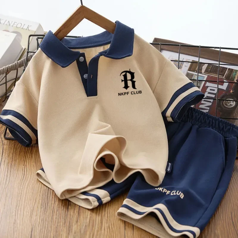 

Summer Children Boy Clothes Kid Lapel T-Shirts and Shorts Set Patchwork V Neck Top Bottom 2 Pieces Suit Fashion Tracksuits