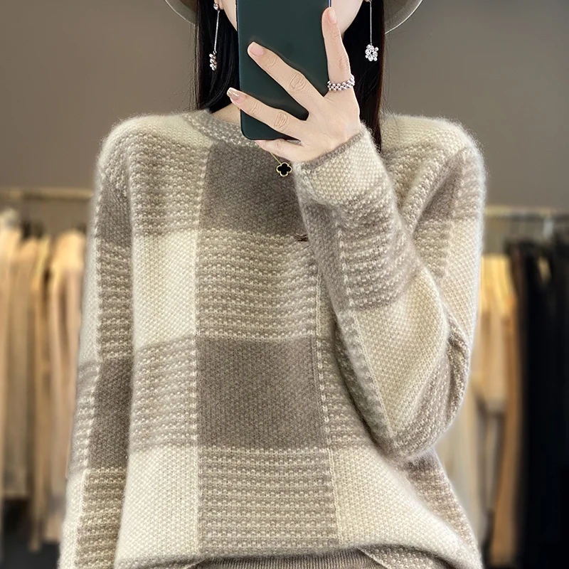 Contrast Checkered 100% Wool Sweater Women's Autumn/Winter Round Neck Thickened Pullover Loose Wool Knitted Top
Contrast Checkered 100% Wool Sweater Women's Autumn/Winter Round Neck Thickened Pullover Loose Wool Knitted Top