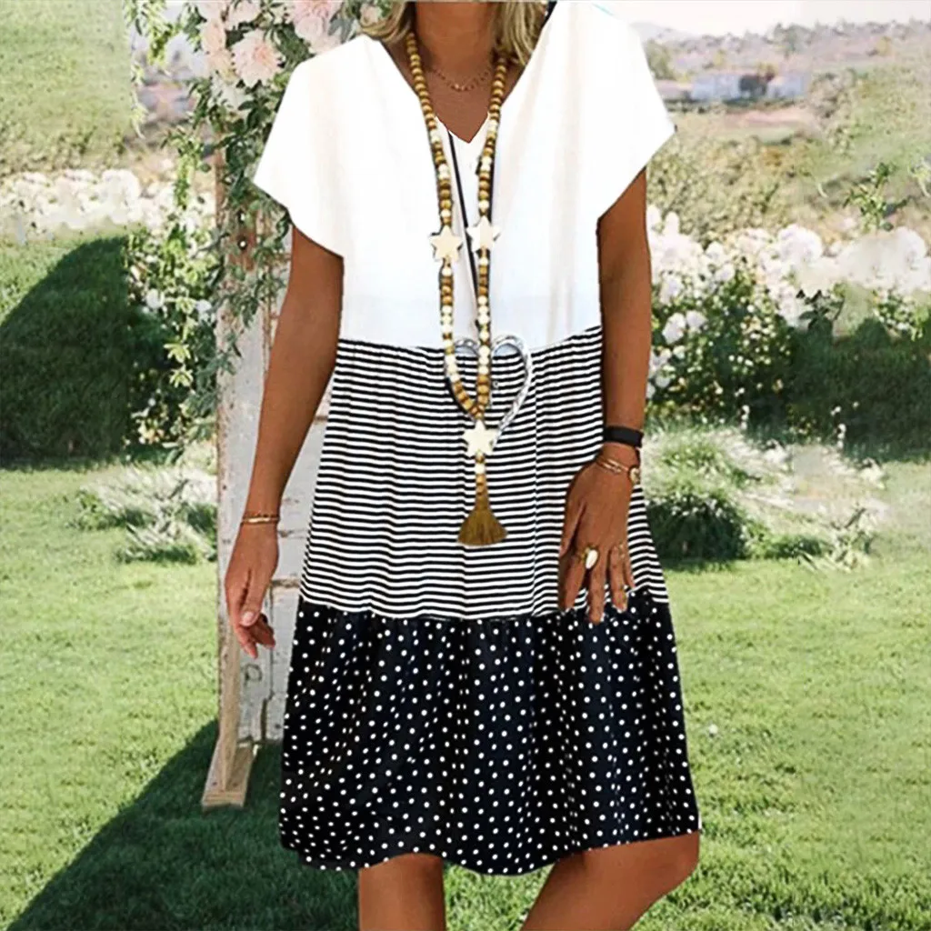 Women Stripe Dot Patchwor Dresses Fashion Casual Loose V-Neck Short Sleeves Dress Resort Dress V-Neck Pullover Vestidos
Women Stripe Dot Patchwor Dresses Fashion Casual Loose V-Neck Short Sleeves Dress Resort Dress V-Neck Pullover Vestidos