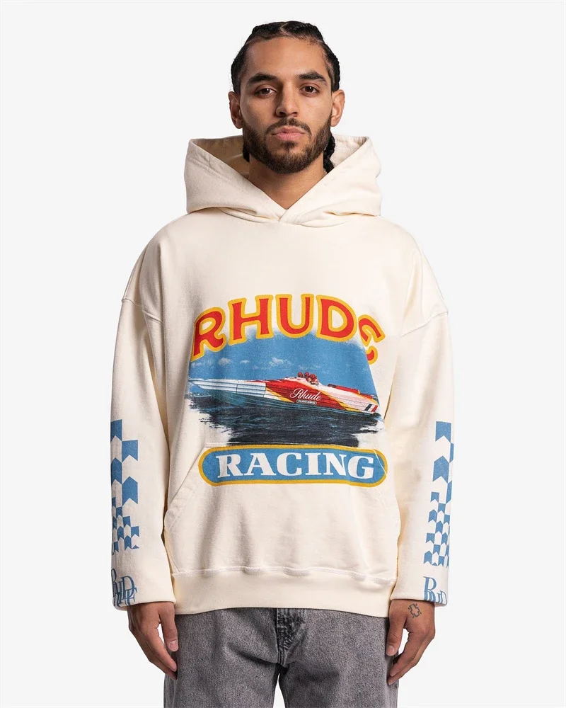 

High Street RHUDE RACING Hoodie Men Women 1:1 Best Quality Yacht Blue White Plaid Print Hooded Oversize Pullovers
