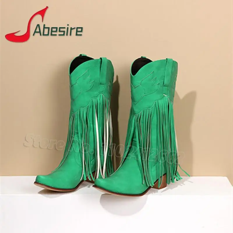 

Winter Autumn Chunky High Heel Short Boots for Women Western Tassels Cowboy Boots Green Pink Red Fashion Warm Shoes Plus Size
