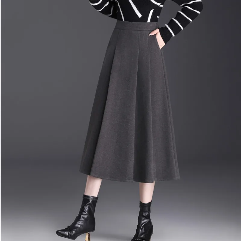 

#1748 Black Gray Brown Office Woolen Skirt Women Elegant Split Joint Pleated Skirt Ladies Thick Slim Korean Fashion A-line Midi