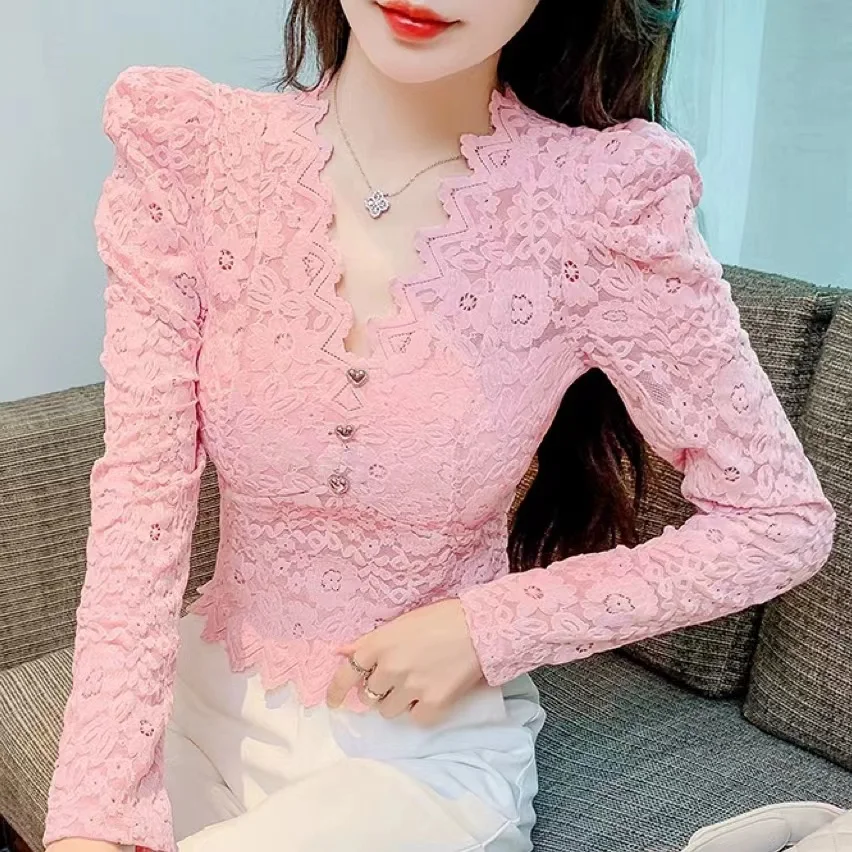 Button Lace Embroidery Hook Flower Bottom Shirt Blouse Women's 2023 Autumn/Winter New Sexy V-neck Style Slim Fit Versatile Top
Button Lace Embroidery Hook Flower Bottom Shirt Blouse Women's 2023 Autumn/Winter New Sexy V-neck Style Slim Fit Versatile Top