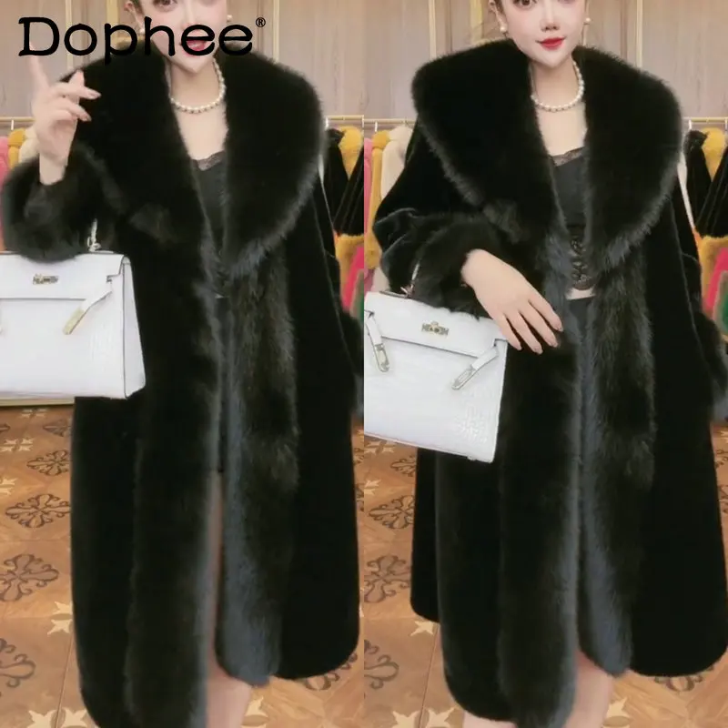 

Elegant Fur Integrated Faux Fur Coat Female All-Match Casual Imitation Fox Fur Collar Winter Thick Warm Long Jacket Women