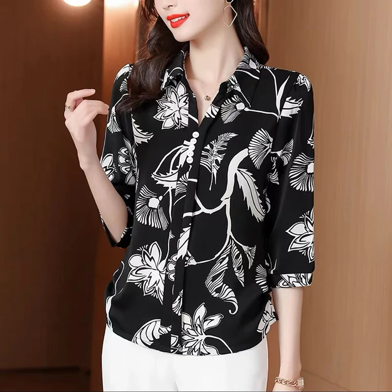 

Fashion Lapel Spliced Printing Elegant Floral Blouses Women's Clothing 2024 Summer New Loose All-match Tops Office Lady Shirts