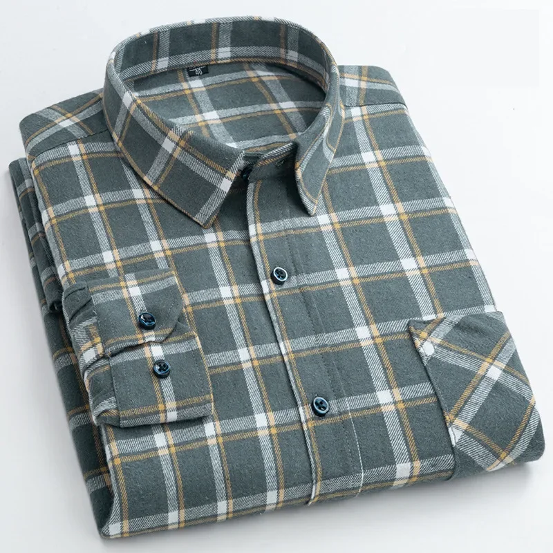 

New Men Plaid Casual Shirts Long Sleeved Checked Fashion Flannel Regular Fit Comfortable Pure Cotton Male Social Work Shirt