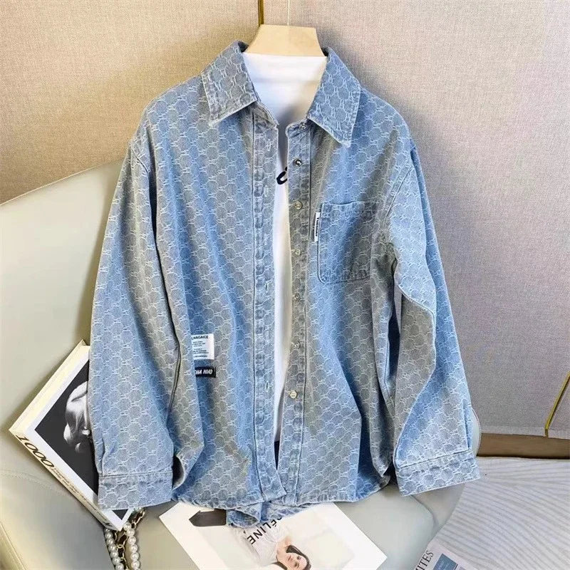 

LKSK Rivers Women's Mid-length Jacquard Denim Shirt 2023 Spring Applique Blue Long Sleeve Coat