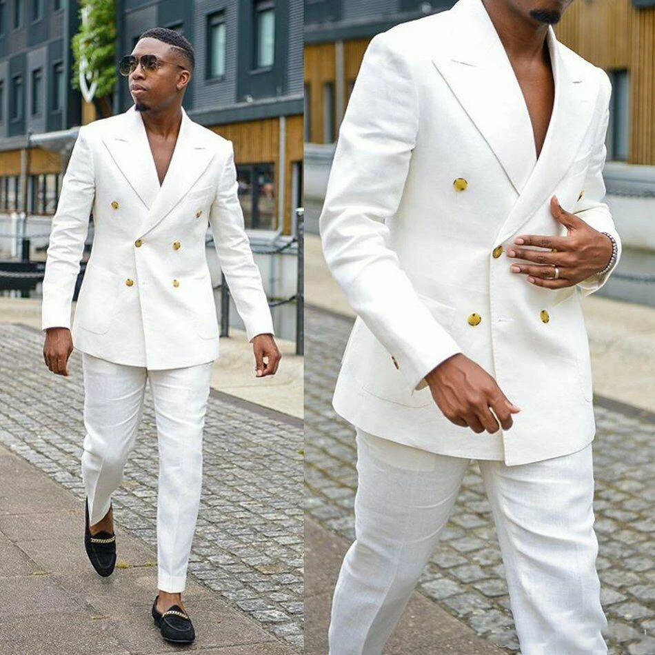 Summer Beach Men's Suit Formal White Linen Suits Groom Wear Double Breasted 2 Piece Wedding Peaked Lapel Tuxedos Blazer Sets 
Summer Beach Men's Suit Formal White Linen Suits Groom Wear Double Breasted 2 Piece Wedding Peaked Lapel Tuxedos Blazer Sets