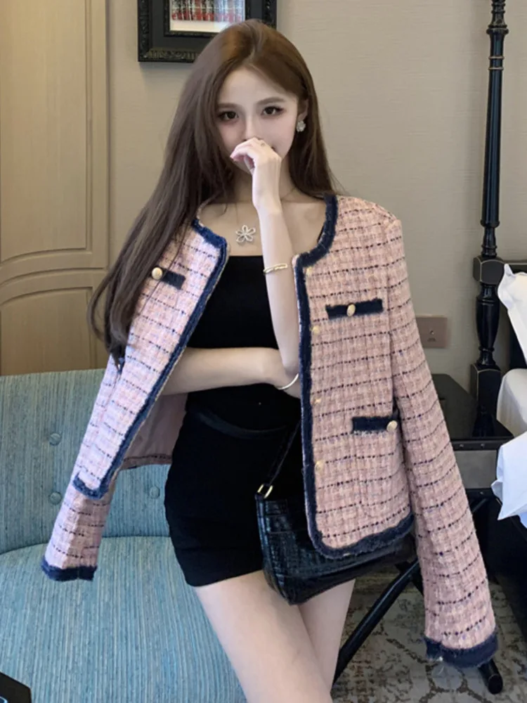 

High Quality Korean Sweet Small Fragrance Tweed Jacket Coat Women Vintage Woolen Coats Elegant Fashion Casual Slim Outerwears