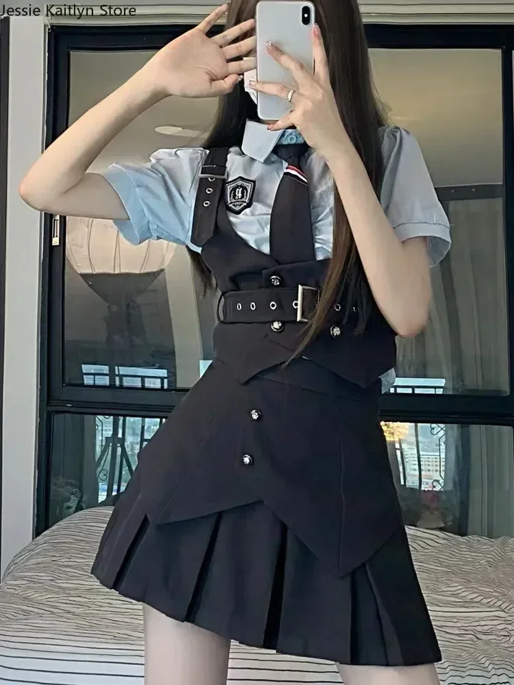 

Cheerleader Women Pleated Autumn Kawaii Korean Uniform Fashion School Set Girl And Japanese Vest Mini Shirt 2023 Cute