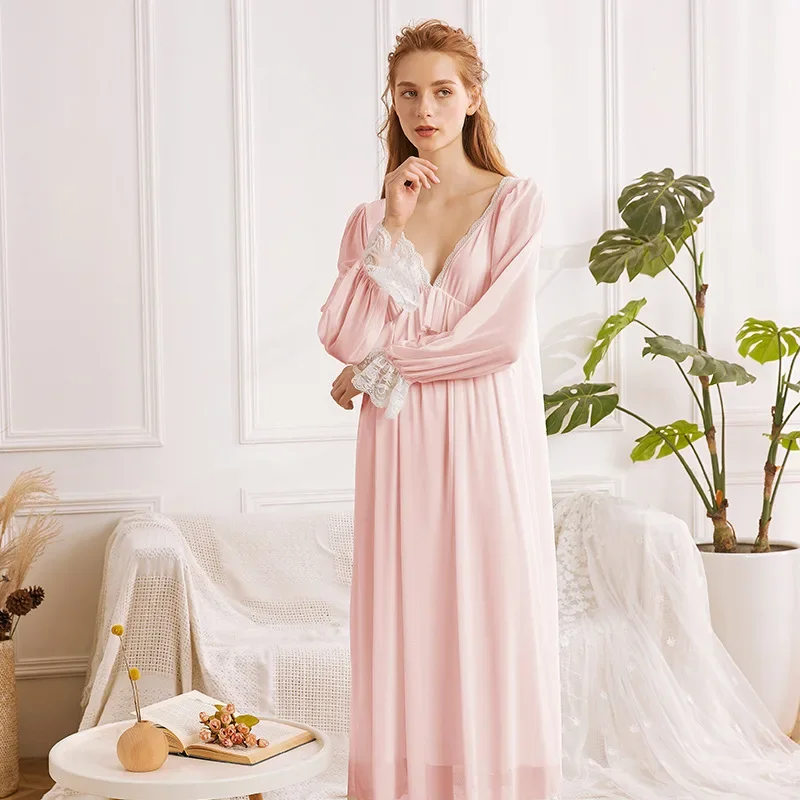 

Soft Mesh Fairy Long Night Dress Victorian Vintage Nightgowns Women Princess Sleepwear Lace Peignoir Autumn Romantic Nightgowns