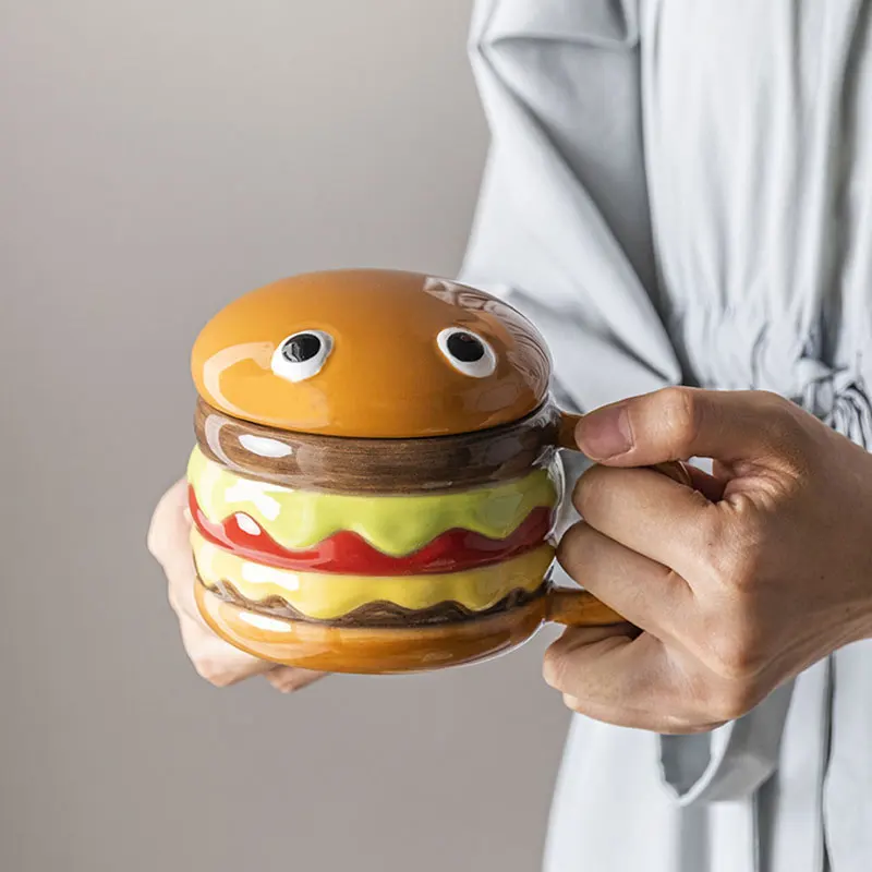 Creative Cute Hand Painted Hamburger Porcelain Coffee Mug With Lid Handmade Cartoon Ceramic Cup For Kids Unique Birthday Gifts Creative Cute Hand Painted Hamburger Porcelain Coffee Mug With Lid Handmade Cartoon Ceramic Cup For Kids Unique Birthday Gifts