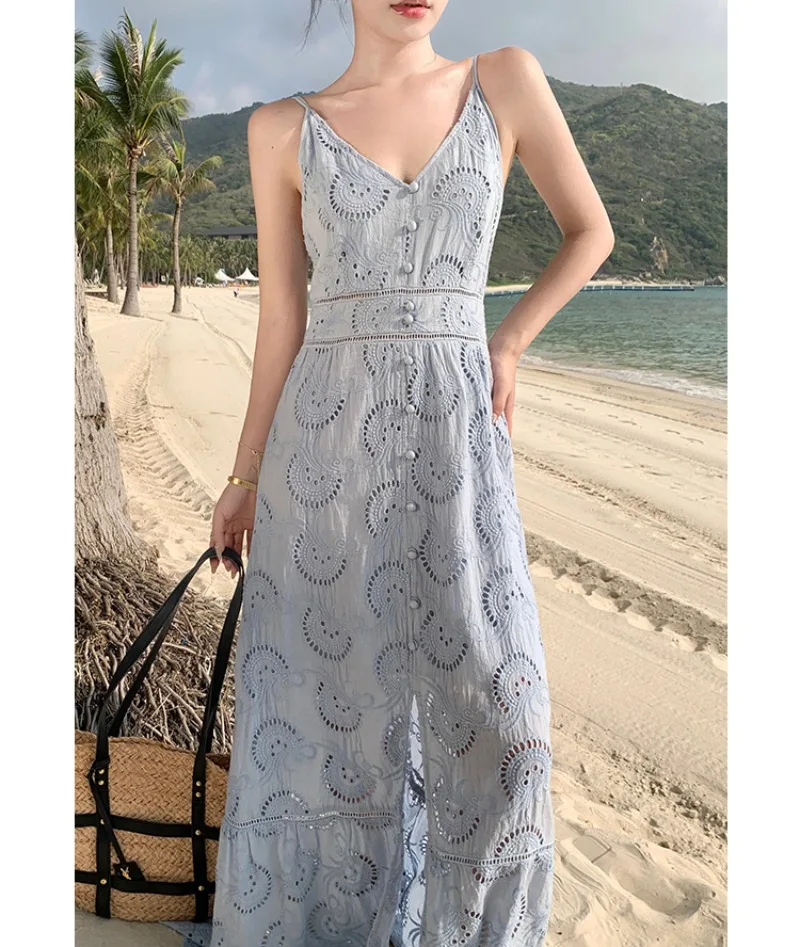 

Blue Lace Dress Women Summer Holiday V-neck Hollow Out Elegance Dresses Female Sleeveless Luxury Design Loose Vestido Ladies