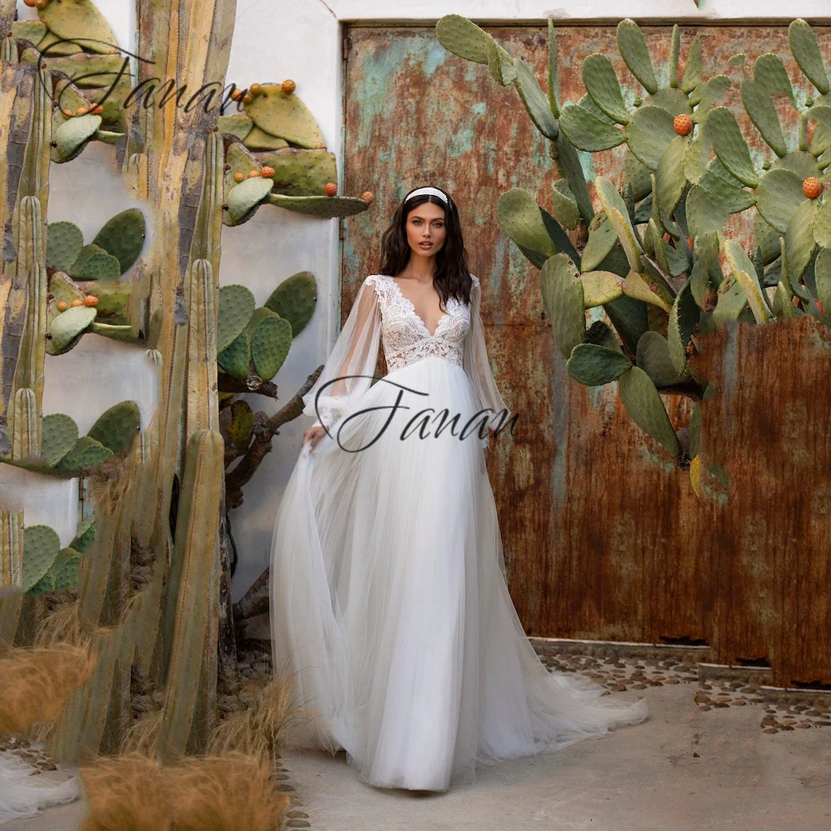 

Simple Long Puffy Sleeve Bride Dresses Foor Length V-Neck Lace Appliques A-Line Wedding Dress Tulle Gown