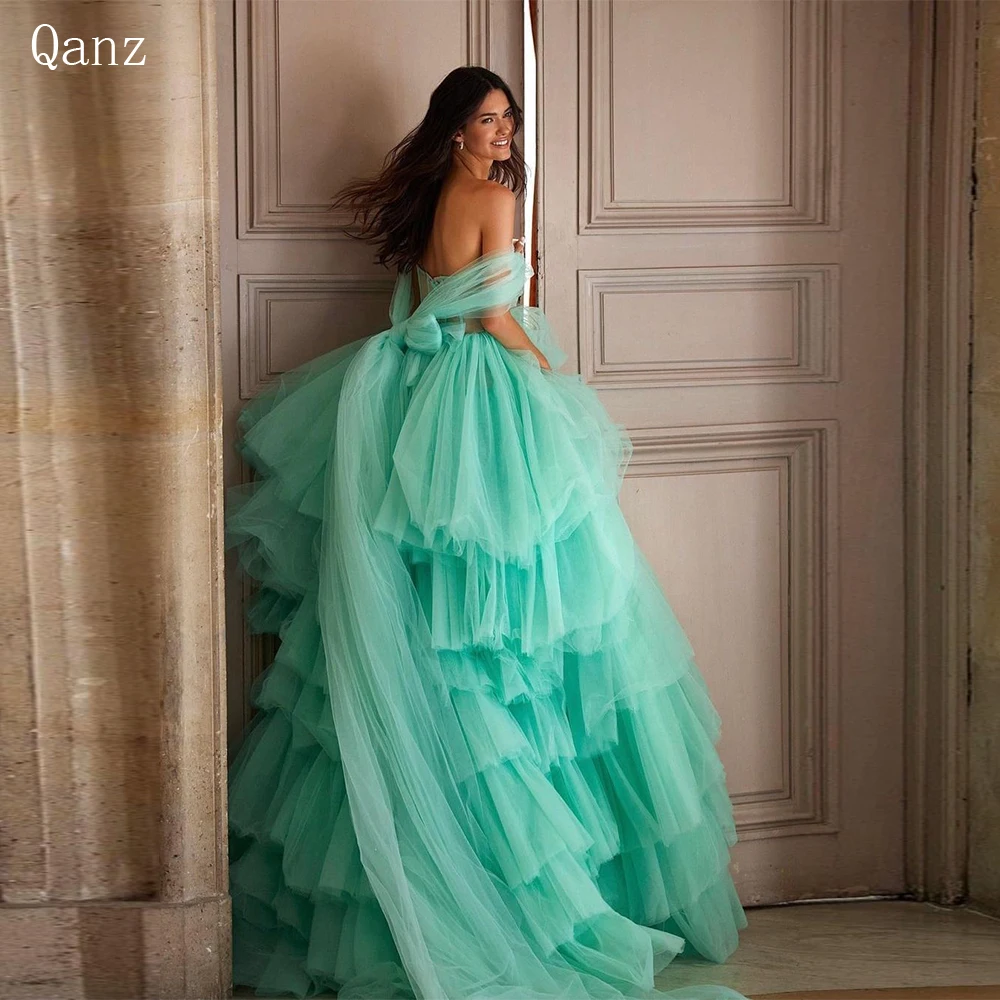

Qanz Mint Green Elegant Prom Dresses Off Shoulder Tulle Ruffles Long Evening Dresses Sleeveless Tiered Corset Party Dress 2023