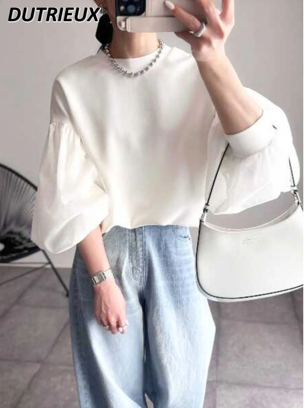 

Japanese Style 2024 Spring/Summer New round Neck Simple Top Loose All-Match Black and White Stitching Puff Sleeve Shirt Women