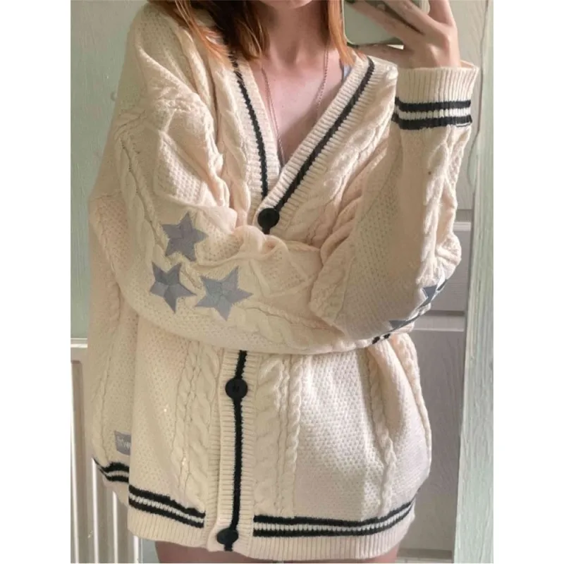 Y2k Women Embroidered Cardigan With Stars lor Button Up Chunky Cable Knitted Sweater Thick and Warm Korean Cardigan
Y2k Women Embroidered Cardigan With Stars lor Button Up Chunky Cable Knitted Sweater Thick and Warm Korean Cardigan