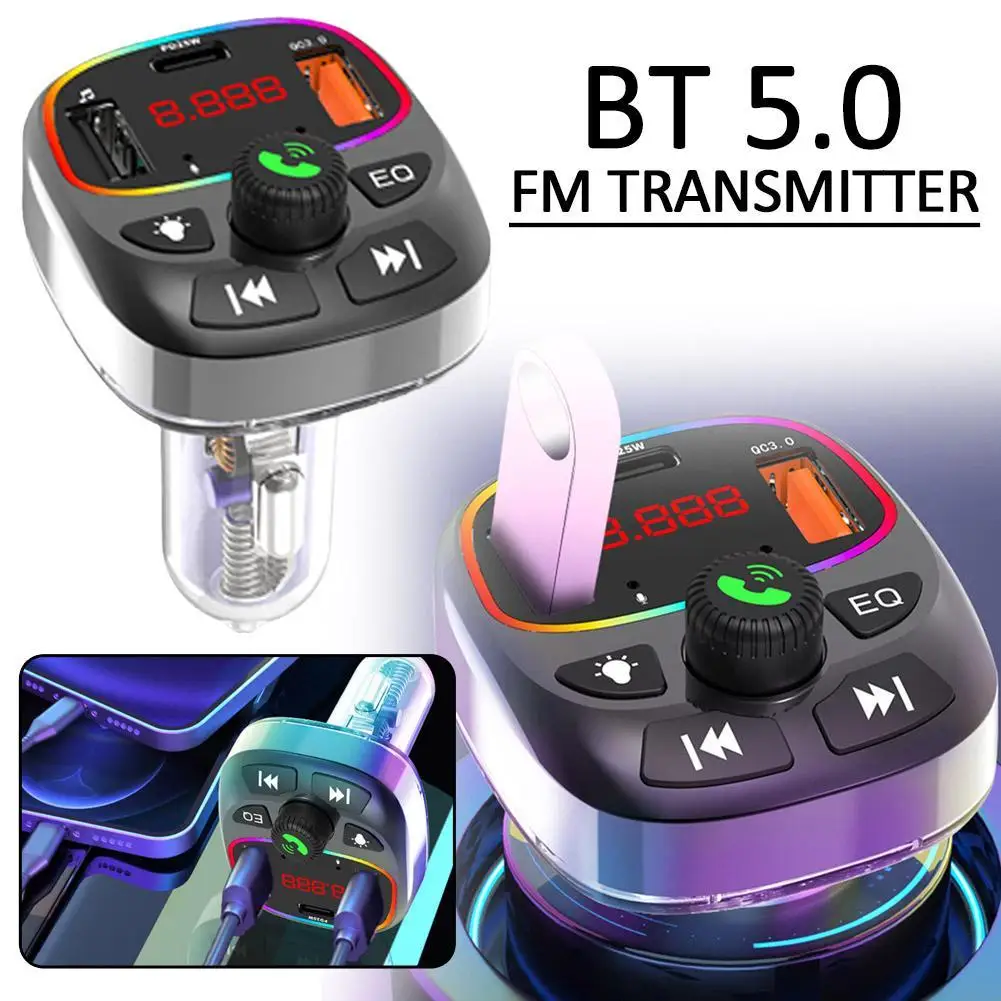 

Car Bluetooth 5.0 FM Transmitter Type-C Dual USB 3.4A Fast Charger LED Backlit Atmosphere Light MP3 Player Lossless Music