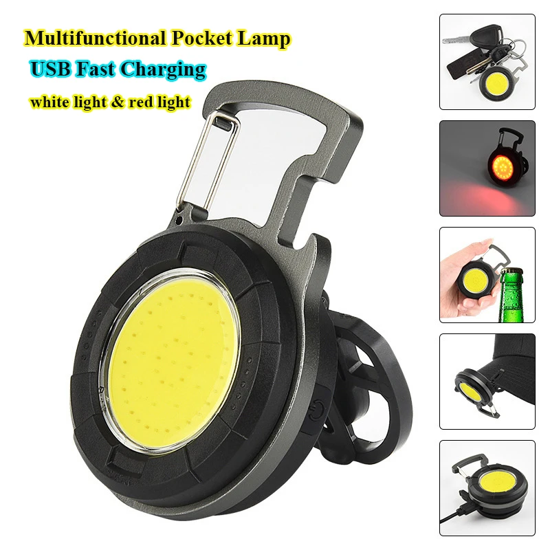 

High Bright Portable COB Keychain LED Work Lamp White & Red Light USB Rechargeable Pocket Flashlight for Emergency/Repair
