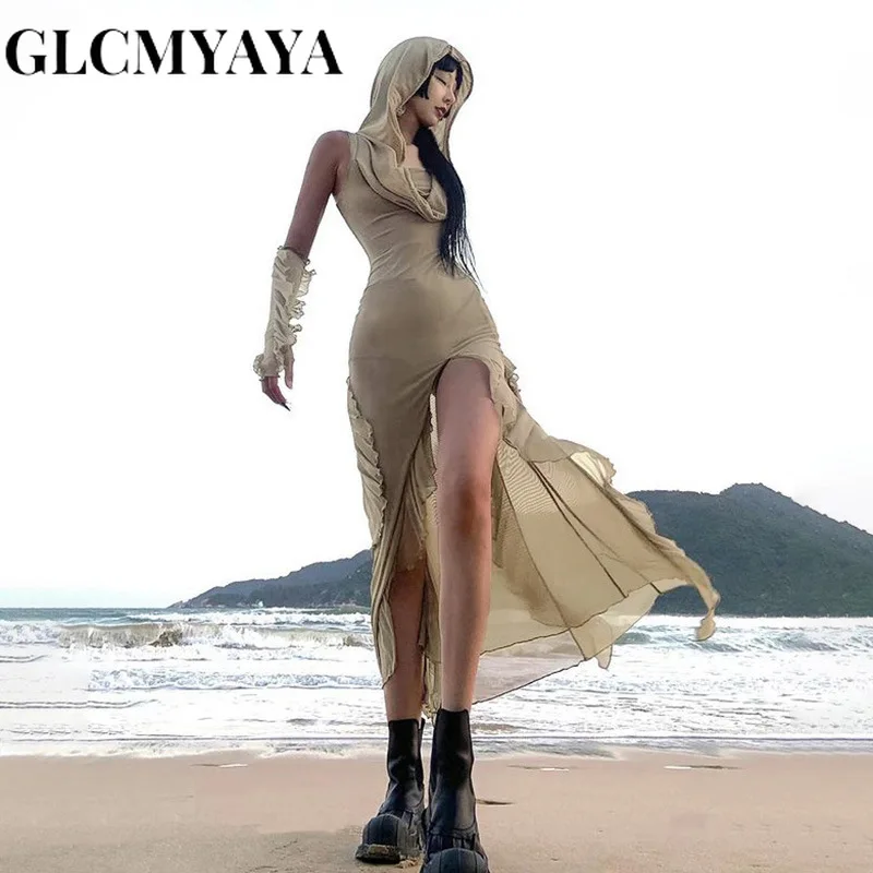 

GLCMYAYA Women Solid Hooded Flounced Edge High Side Slit Sleeveless Bodycon Dress 2023 INS Summer Fashion High Waist Dresses