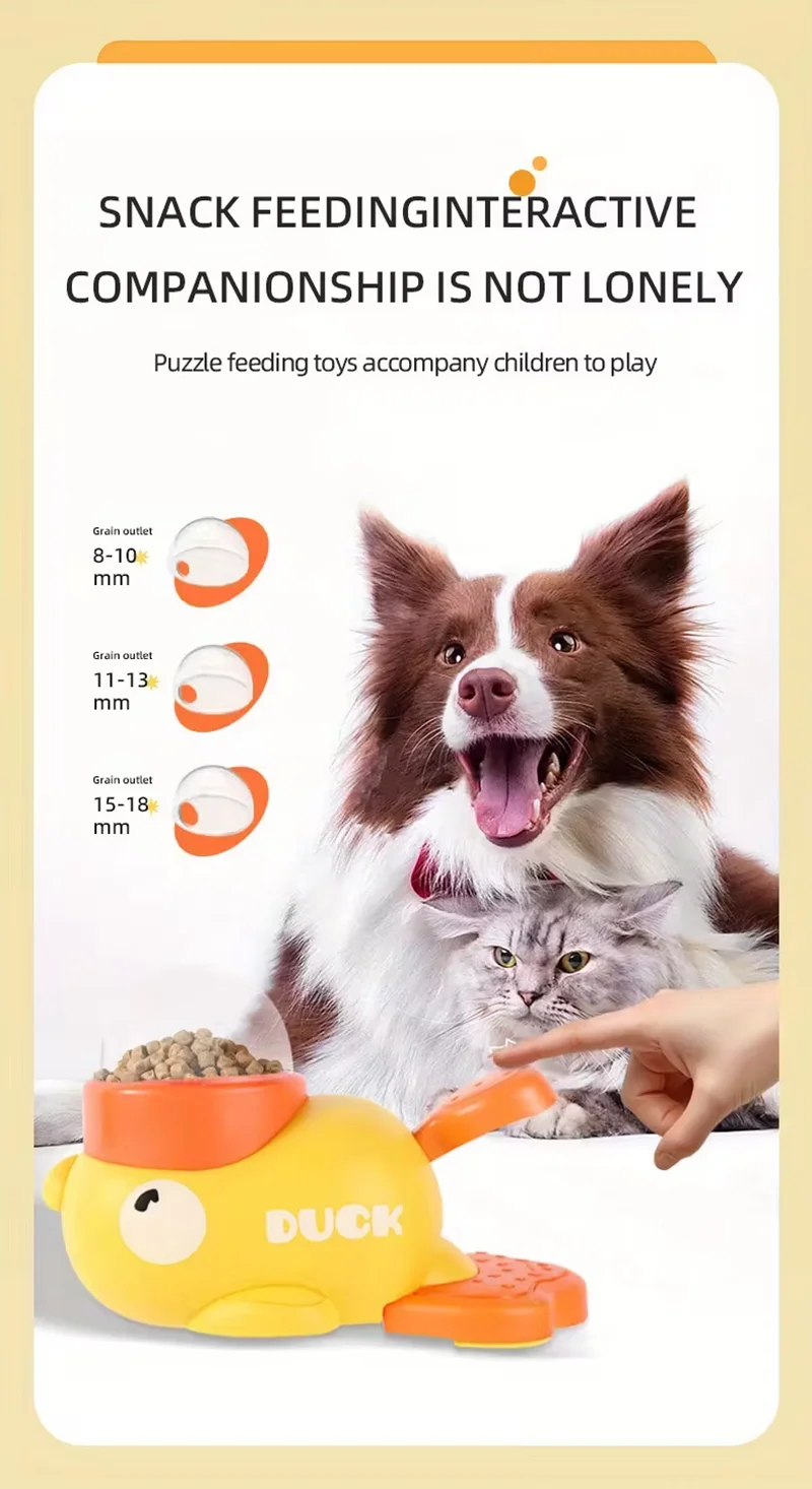 Interactive Dog Feeding Toy | Automatic Cartoon Duck Design A promotional graphic featuring a happy Border Collie and a grey cat behind a yellow duck feeding toy. A human hand points to the orange "press" lever. To the left, three icons show adjustable grain outlet sizes ranging from 8mm to 18mm. The headline reads "Snack feeding interactive companionship is not lonely."