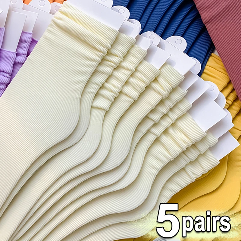 

5pairs Retro Women Cotton Loose Socks Summer Knitting Solid Color Long Korean Japanese Student Girls Stockings Kawaii Hosiery