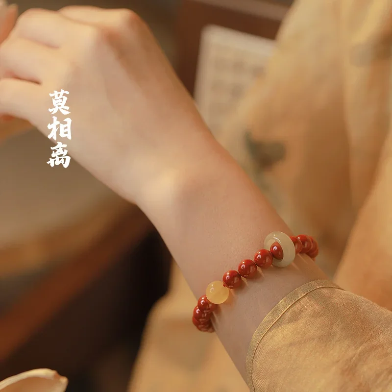 

Natural Raw Cinnabar Imperial Sand Bracelet Chinese Style Hetian Jade Beeswax Bracelet for Women