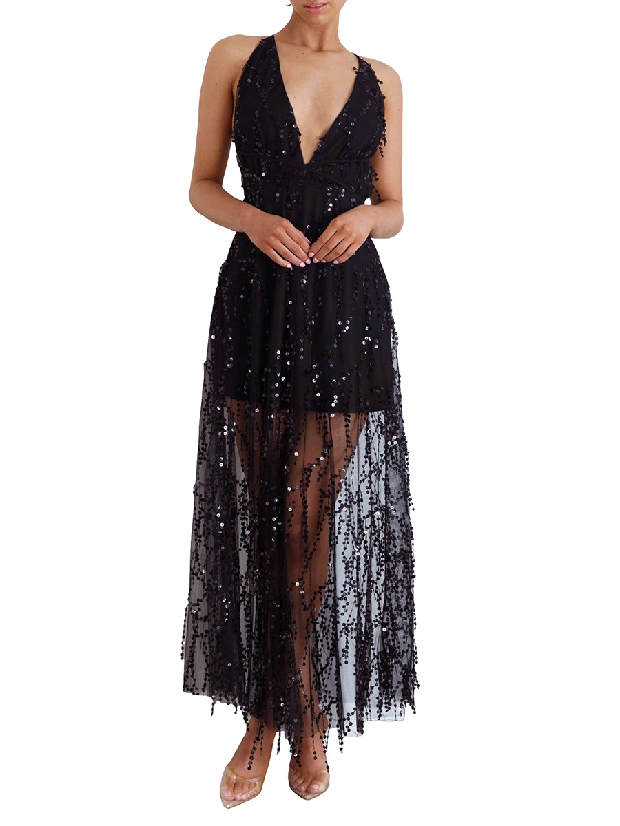 

Women s Sparkling Sequin V-Neck Party Dress with Tassel Detail and Mesh Overlay for Halloween Clubwear