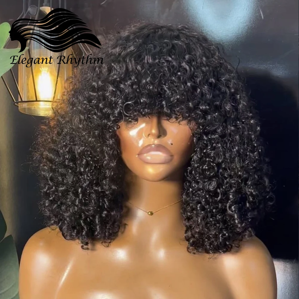 

Jerry Curly Wig With Bangs Human Hair 10A Brazilian Virgin Glueless None Lace Front Wig Kinky Curly Human Hair For Black Women