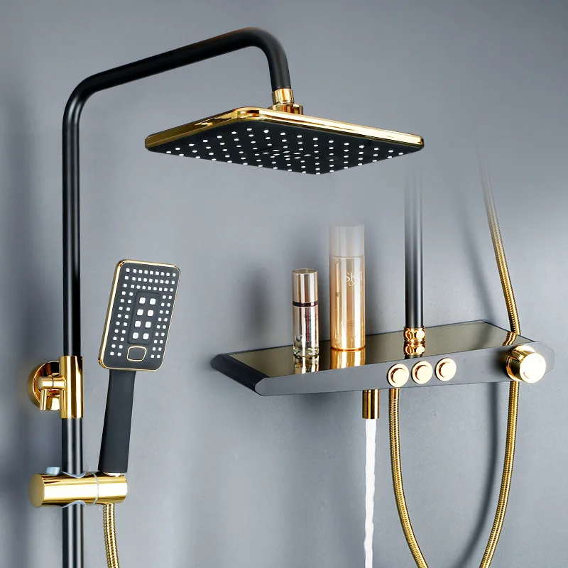 

Black Gold Shower Set All Copper Three Gear Shelf Bathroom Faucet Hot And Cold Water Pressurizing Nozzle