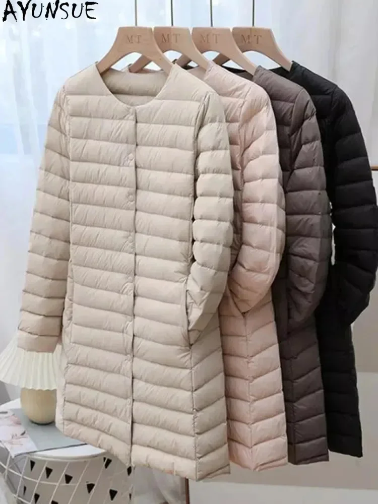 

AYUNSUE Winter Ultra Light Thin Duck Down Coat Women Spring Long Slim Warm Basic Quilted Puffer Jacket ED1957L