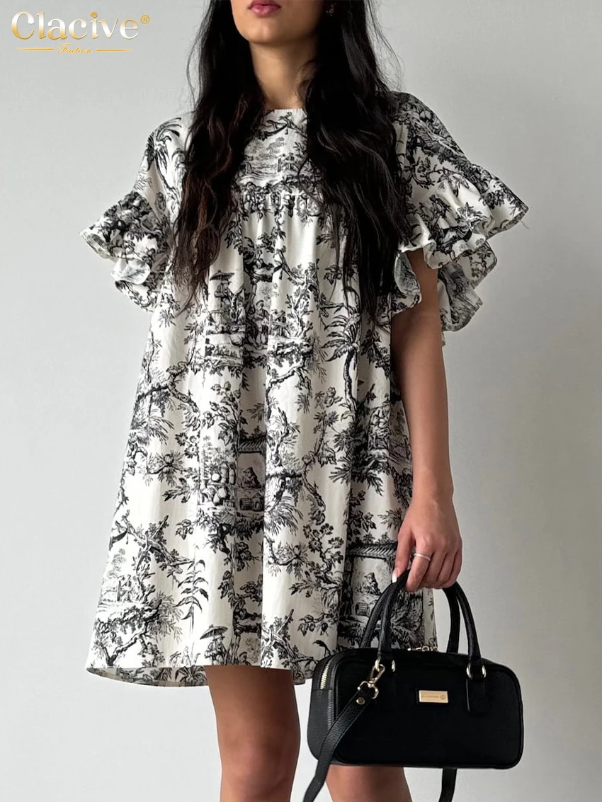 

Clacive vintage Loose Print Women's Dress 2024 Summer O-Neck Short Sleeve Mini Dresses Elegant Classic Ruffle Female Dress